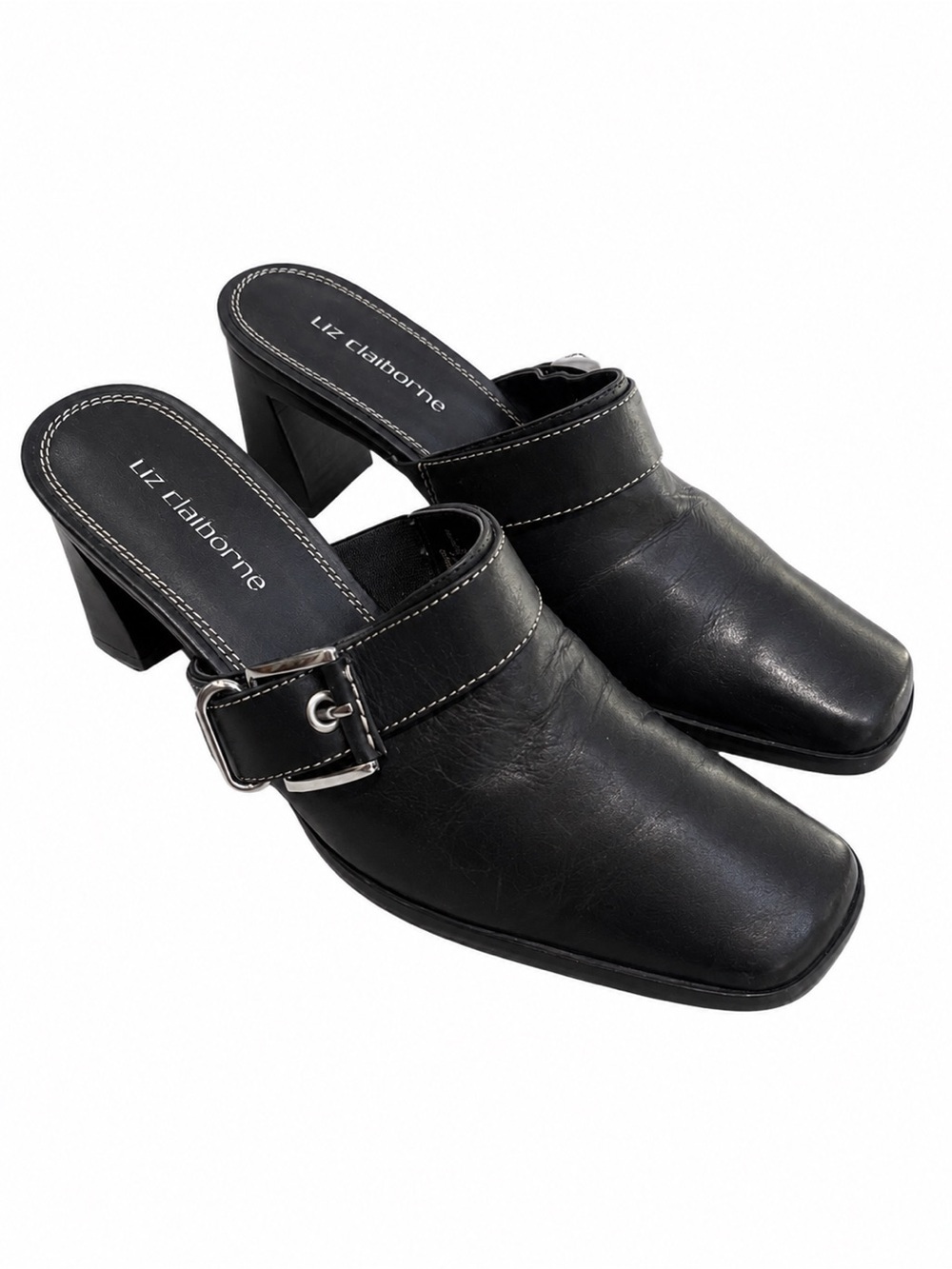 Liz Claiborne Flex Jorgen Leather Mules Women’s 7.5M Black Heeled Shoes